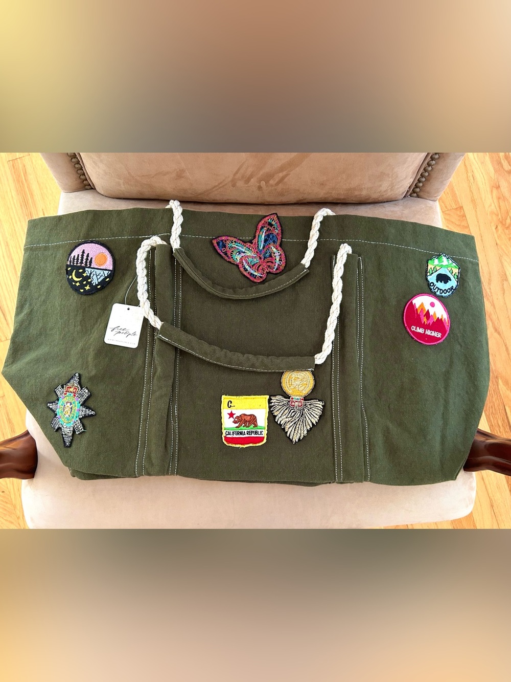 Free People Been There Badge Patches Green Canvas Tote Bag NWT